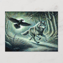 Cartão Postal Wolf and Raven in Moonlight