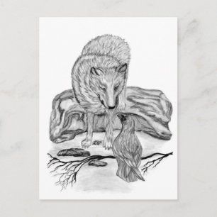 Cartão Postal Wolf e Raven design preto e branco
