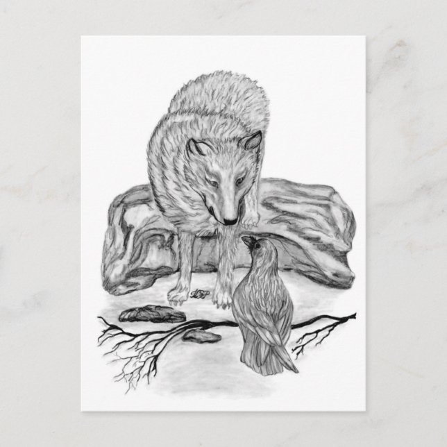 Cartão Postal Wolf e Raven design preto e branco (Frente)