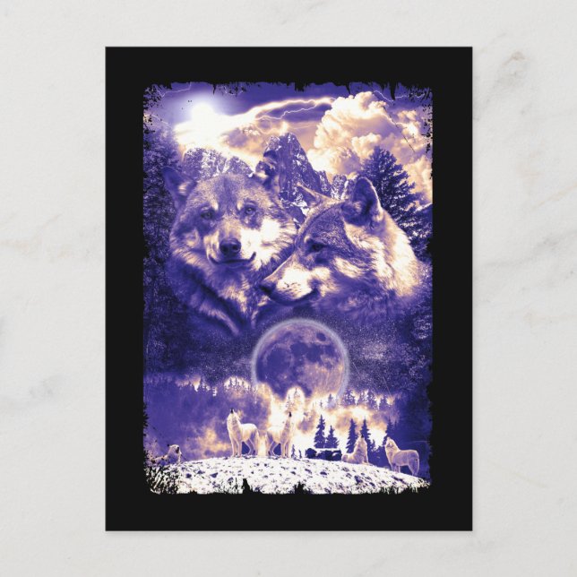 Cartão Postal Wolf Family Howling Wolves Winter Mountains (Frente)