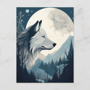 Cartão Postal Wolf Full Moon Mounains Fantasy Art