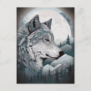 Cartão Postal Wolf Full Moon Mounains Fantasy Art