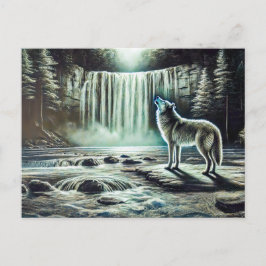 Cartão Postal Wolf Howling at Moon by Waterfall