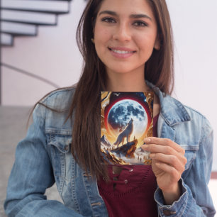 Cartão Postal Wolf Howling na Lua Crimson