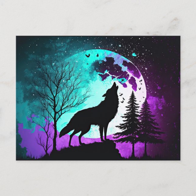 Cartão Postal Wolf Howling na Lua Galáxia Stars Animal (Frente)