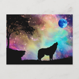 Cartão Postal Wolf Howling na Lua Galáxia Stars Animal