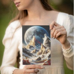 Cartão Postal Wolf Howling Sob Lunar Peaks