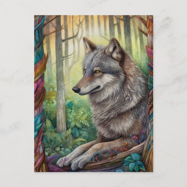 Cartão Postal Wolf In Forest Art Postcard (Frente)