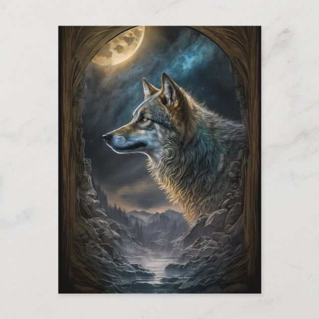Cartão Postal Wolf Landscape Surreal Fantasy (Frente)