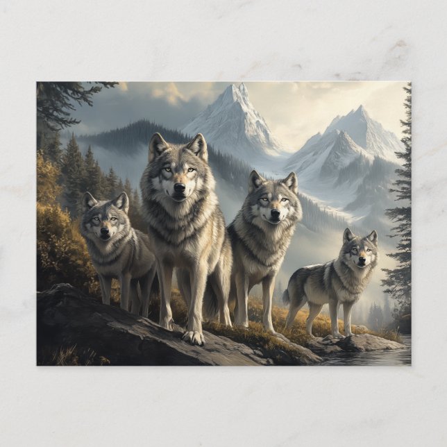 Cartão Postal Wolf Pack na Paisagem de Montanha (Frente)