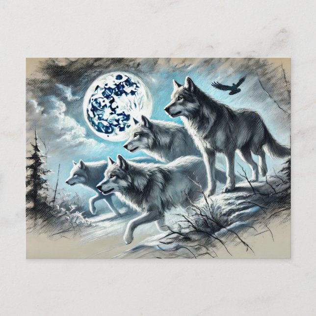 Cartão Postal Wolf Pack Running in Moonlight (Frente)