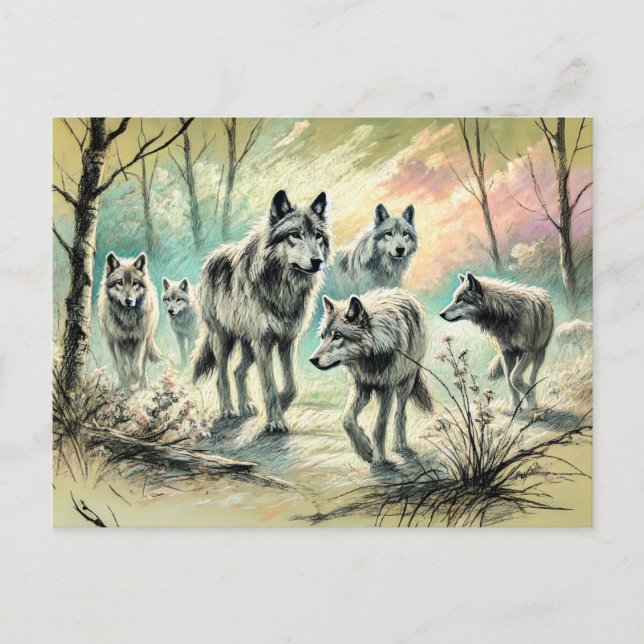 Cartão Postal Wolf Pack Running Through Forest (Frente)