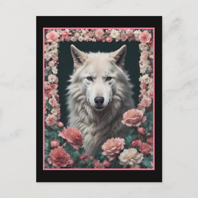 Cartão Postal Wolf portrait with flowers (Frente)