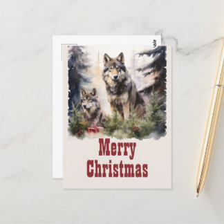 Cartão Postal Wolf Watercolor de Natal