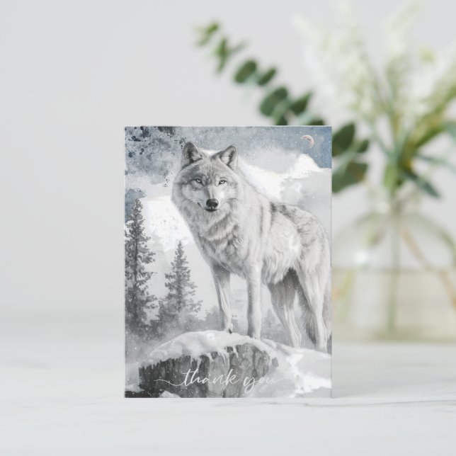 Cartão Postal Wolf Watercolor White Winter (Em pé/Frente)
