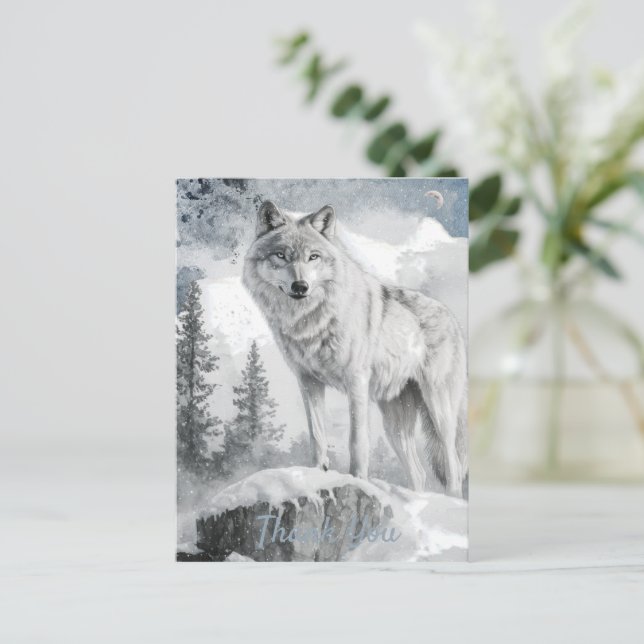 Cartão Postal Wolf Watercolor White Winter (Em pé/Frente)