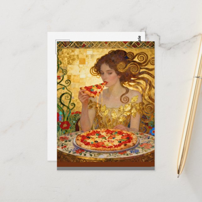 Cartão Postal Woman Eating Pizza Faux Klimt Art (Frente/Verso In Situ)