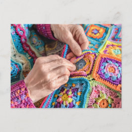 Cartão Postal Woman Holding a Crocheted Coin Purse Made From Gra