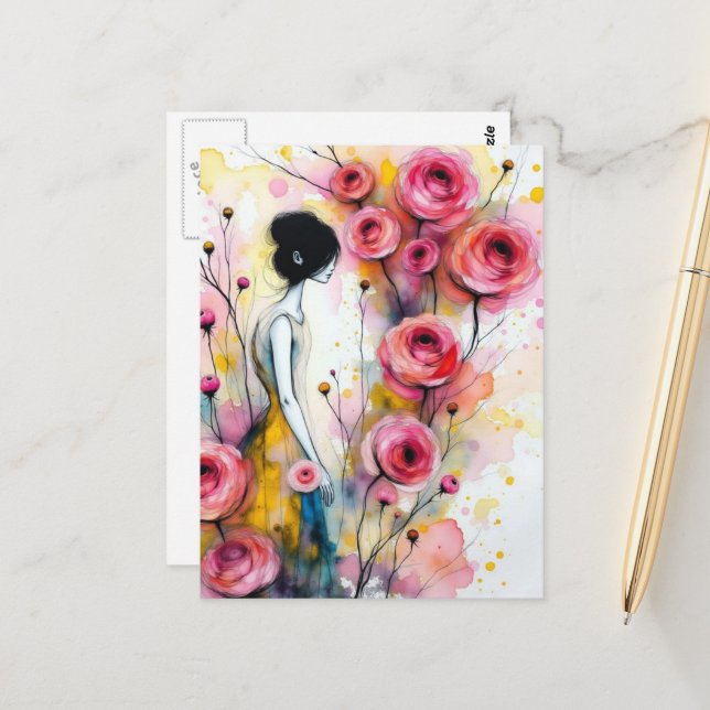 Cartão Postal Woman In the Secrect Garden Pink Flowers (Frente/Verso In Situ)