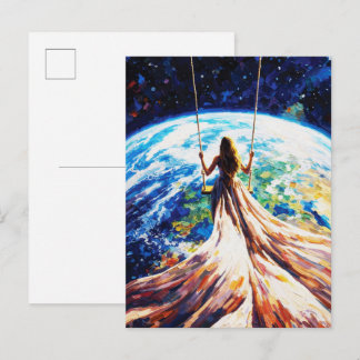 Cartão Postal Woman on Swing Over Earth Impasto Oil Painting