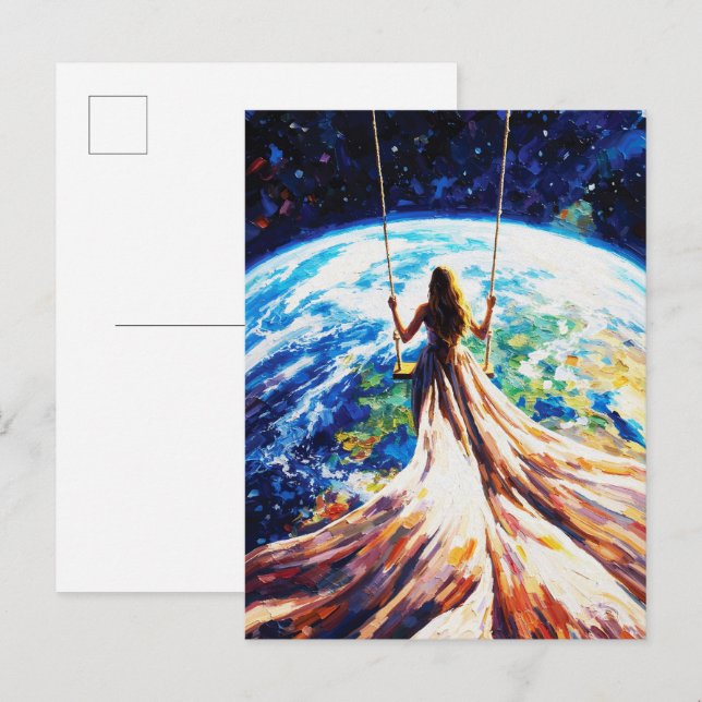 Cartão Postal Woman on Swing Over Earth Impasto Oil Painting (Frente/Verso)