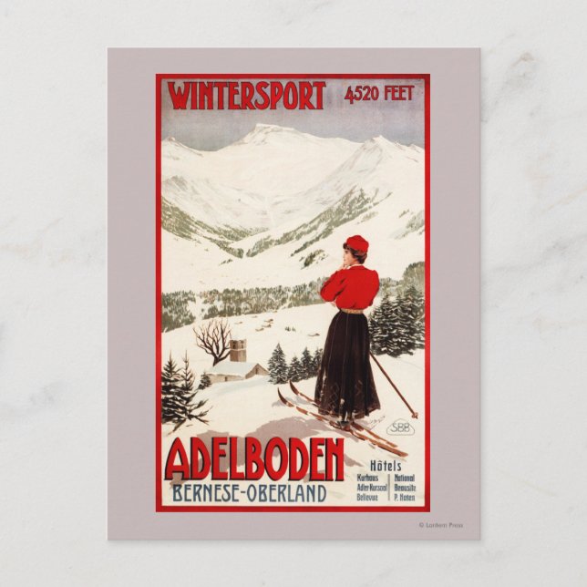 Cartão Postal Woman Skier Overlook Adelboden Poster (Frente)