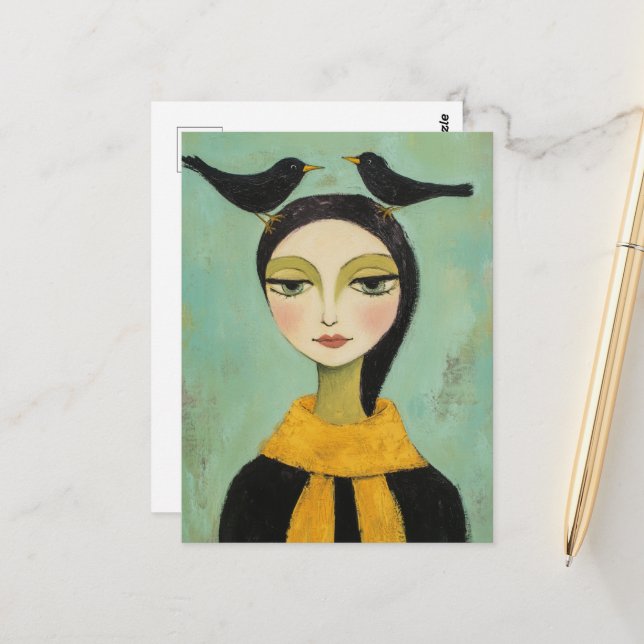 Cartão Postal Woman with Two Black Birds (Frente/Verso In Situ)