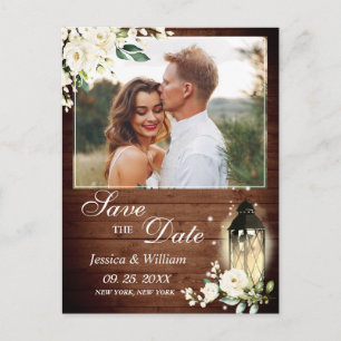 Cartão Postal Wood White Rose Rustic PHOTO Weding Date (Salva a