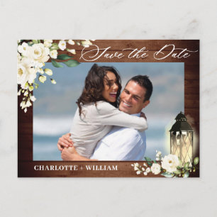Cartão Postal Wood White Rose Rustic PHOTO Weding Date (Salva a