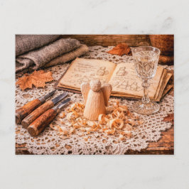 Cartão Postal Woodcarving Angel in Progress with Tools and Shavi