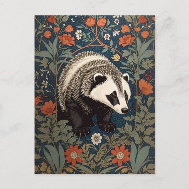 Cartão Postal Woodland Badger William Morris Inspirou (Frente)