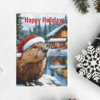 Woodland Cabine Lake Christmas Beaver Watercolor