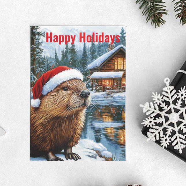 Cartão Postal Woodland Cabine Lake Christmas Beaver Watercolor (Criador carregado)