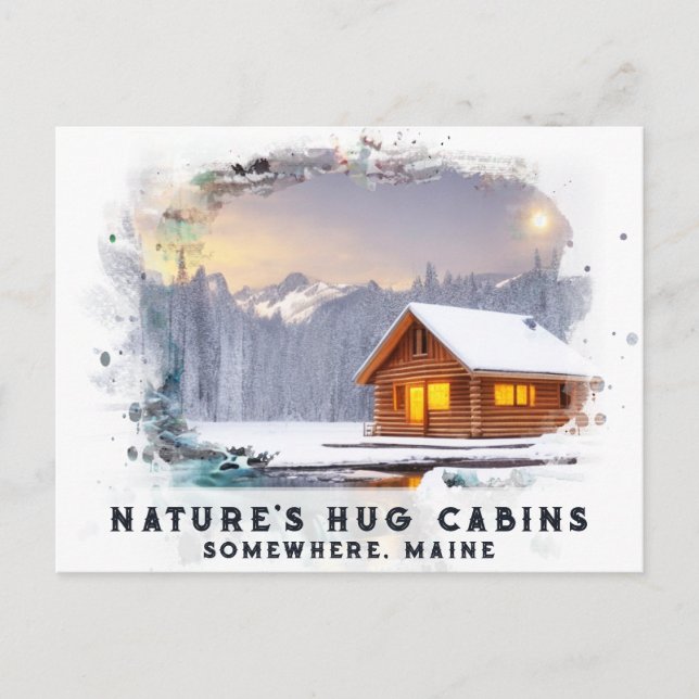 Cartão Postal *~* Woods Cabin Luz AP49 Snowy Painting Dusk (Frente)