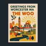 Cartão Postal Worcester MA “The Woo” Retro Travel<br><div class="desc">Worcester MA “The Woo” Retro Travel Postcard – Colorful 1930s Style Artistic Greeting Card, Vintage Inspired Graphic Design Souvenir Description: Celebrate the vibrant spirit of Worcester, Massachusetts—affectionately known as “The Woo”—with this stylish retro-inspired postcard! Designed in a bold 1930s travel poster aesthetic, this colorful artistic rendering captures the charm and...</div>
