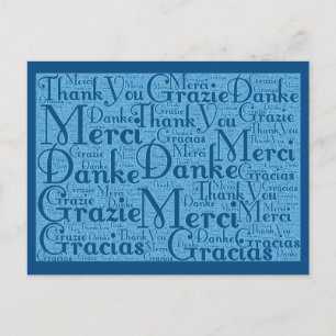 Cartão Postal Word Art: Obrigado em Várias Línguas - Azul Aqua