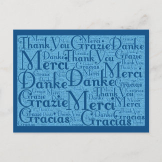 Cartão Postal Word Art: Obrigado em Várias Línguas - Azul Aqua