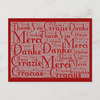 Cartão Postal Word Art: Obrigado em vários idiomas - Branco verm