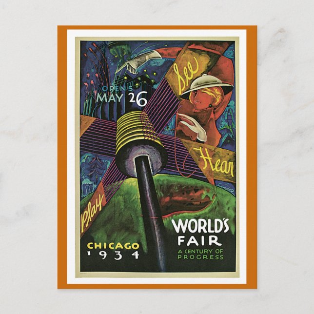Cartão Postal "World's Fair, Chicago, 1934" Vintage (Frente)