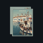 Cartão Postal WPA Themed Mykonos<br><div class="desc">Greece WPA-vintage travel-poster style meets Greek mythology in this humorous Mykonos harbour postcard, blending classic 1930s design with a calm, seated Minotaur boatman. Inspired by authentic WPA colour fields and geometric shading, the scene captures the whitewashed Cycladic houses, blue shutters, windmills, and a traditional fishing boat at golden hour. It’s...</div>