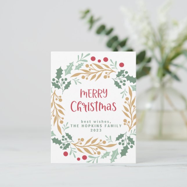 Cartão Postal Wreath e Script de Natal | Feliz Natal (Em pé/Frente)