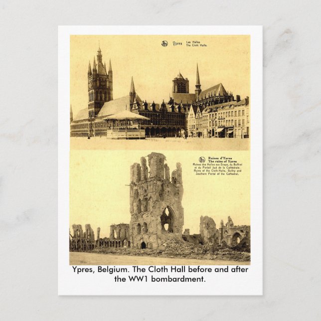 Cartão Postal WW1 - Ypres, o Cloth Hall (Frente)