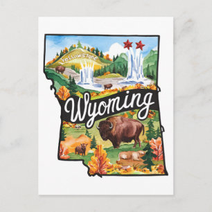 Cartão Postal Wyoming EUA Estado Formato Aquarela Vintage
