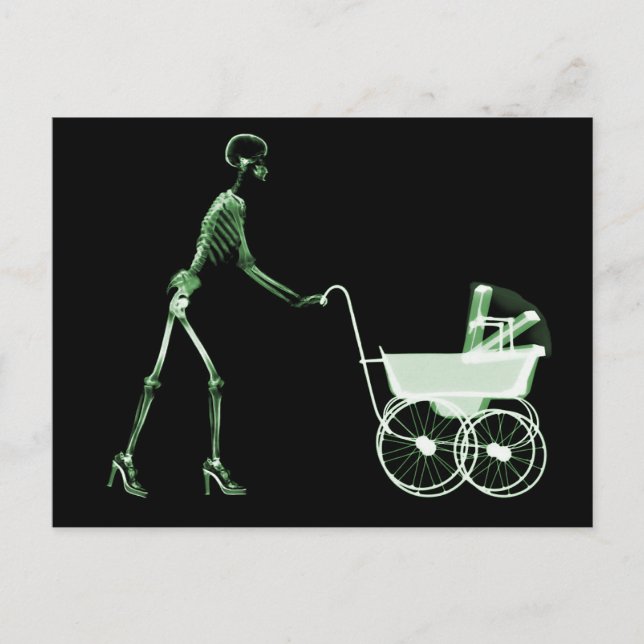 CARTÃO POSTAL X RAY SKELETON WOMAN & BABY CARRUAGEM - VERDE (Frente)