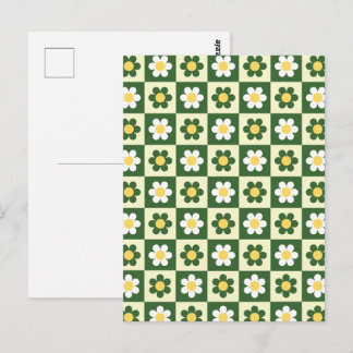 Cartão Postal Xadrez de Margarida em Verde Salvia e Creme Retro