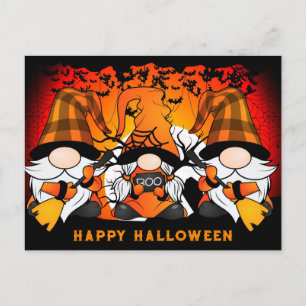 Cartão Postal Xadrez Laranja Gnomo Feliz de Halloween