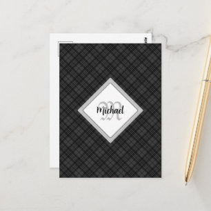Cartão Postal Xadrez preto e branco da moda Monograma Personaliz