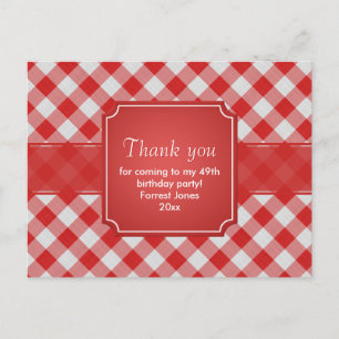 Cartão Postal Xadrez Vermelho Gingham Agradecimento Padrão Geomé
