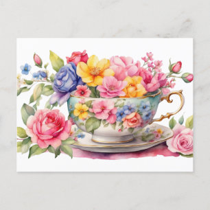 Cartão Postal Xícara de água com belas flores aquarela