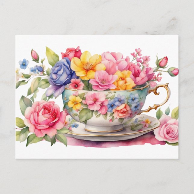 Cartão Postal Xícara de água com belas flores aquarela (Frente)